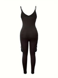 Strap V-Neck Cargo Pocket Hip Sports Jumpsuit