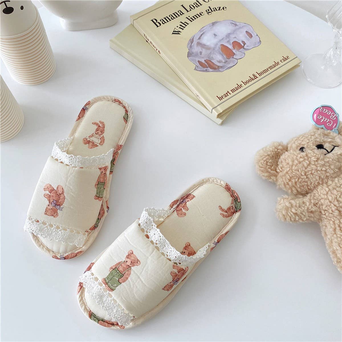 Vintage Lace Rabbit Bear Open Toe Home Slippers_Cwmm2978