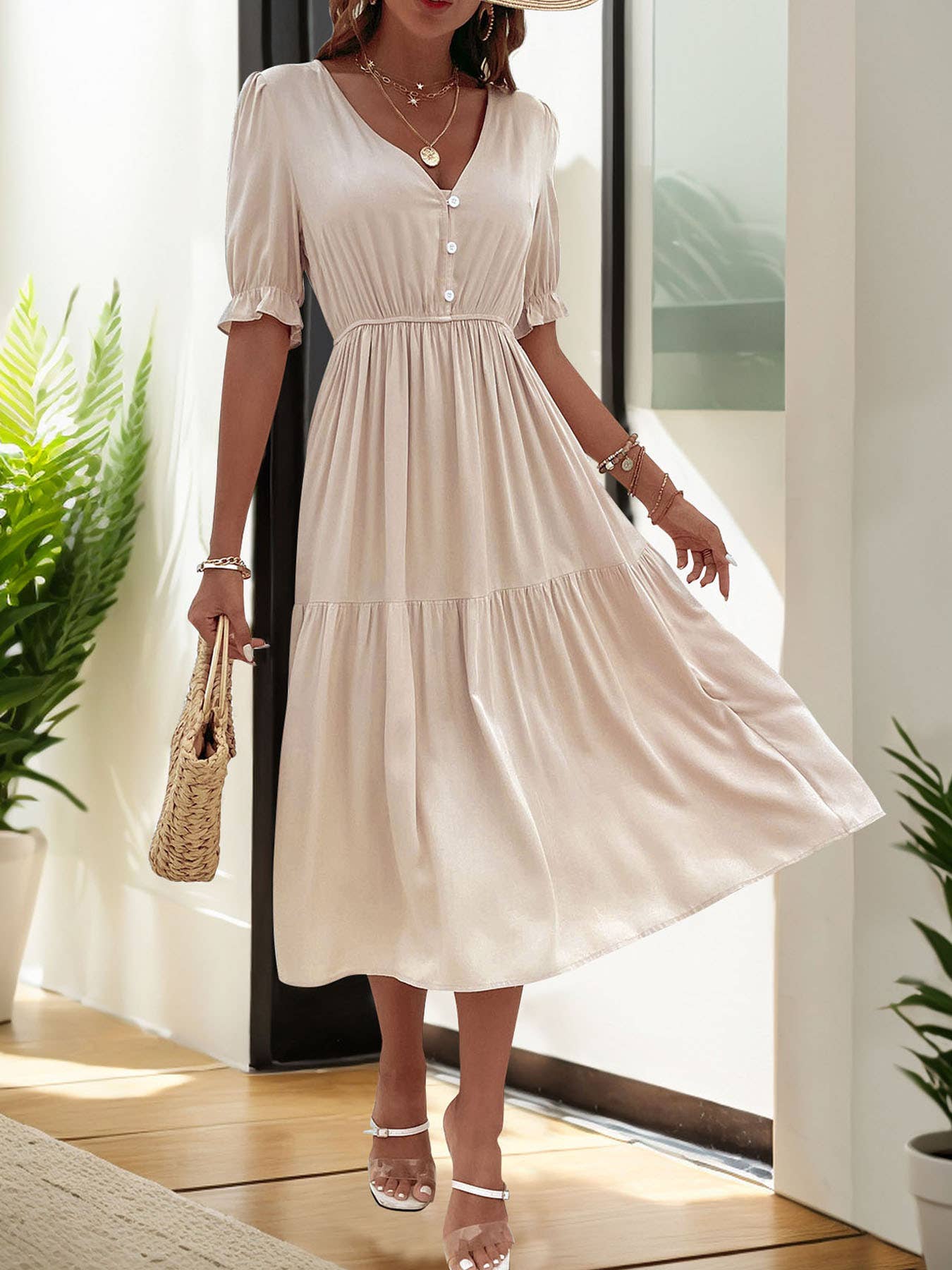 Solid Color Dress With Waisted V-Neck