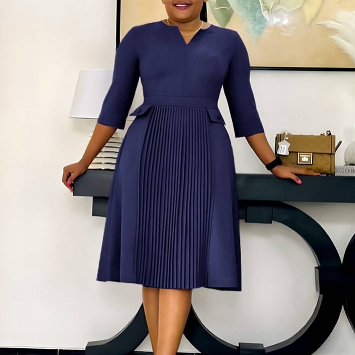 OVERSIZED PLEATED THREE QUARTER SLEEVE DRESS_CWDSD6088