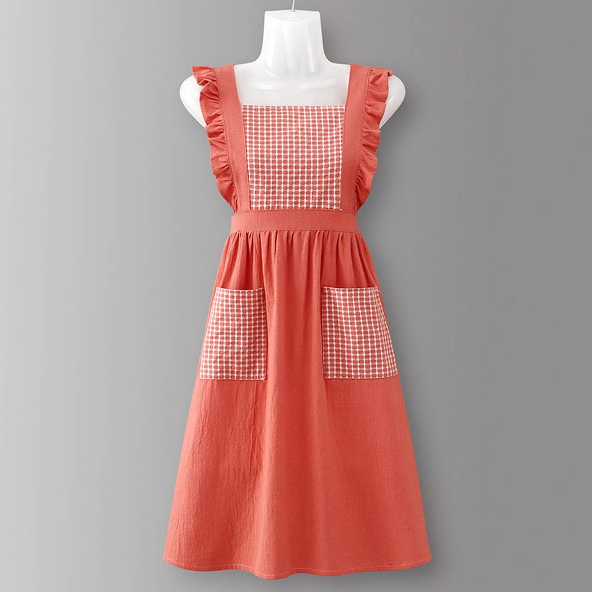 Cotton Striped Grid Kitchen Apron With Pocket_Cwmm10095