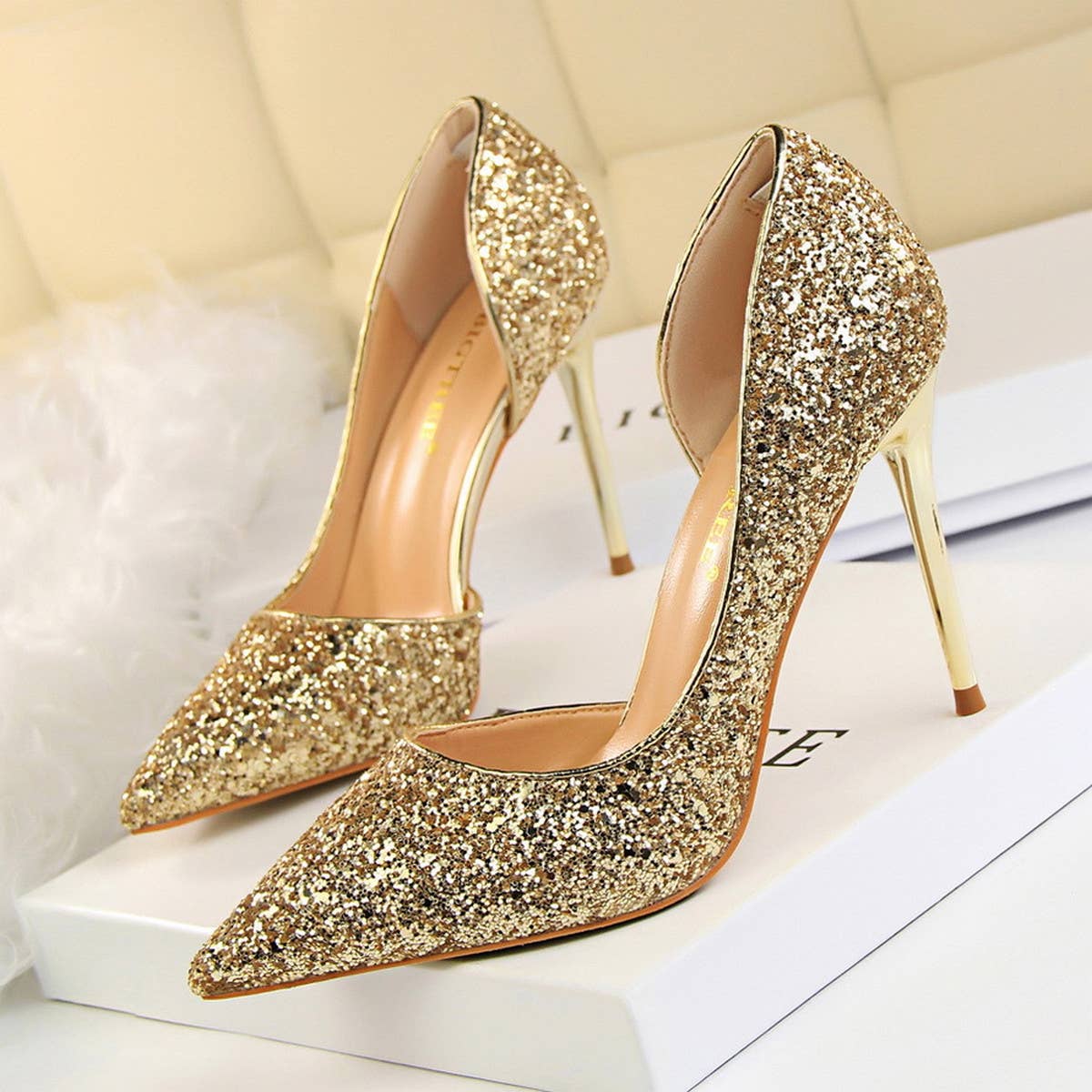 Women Pointy Side Hollowed Sequined High Heels