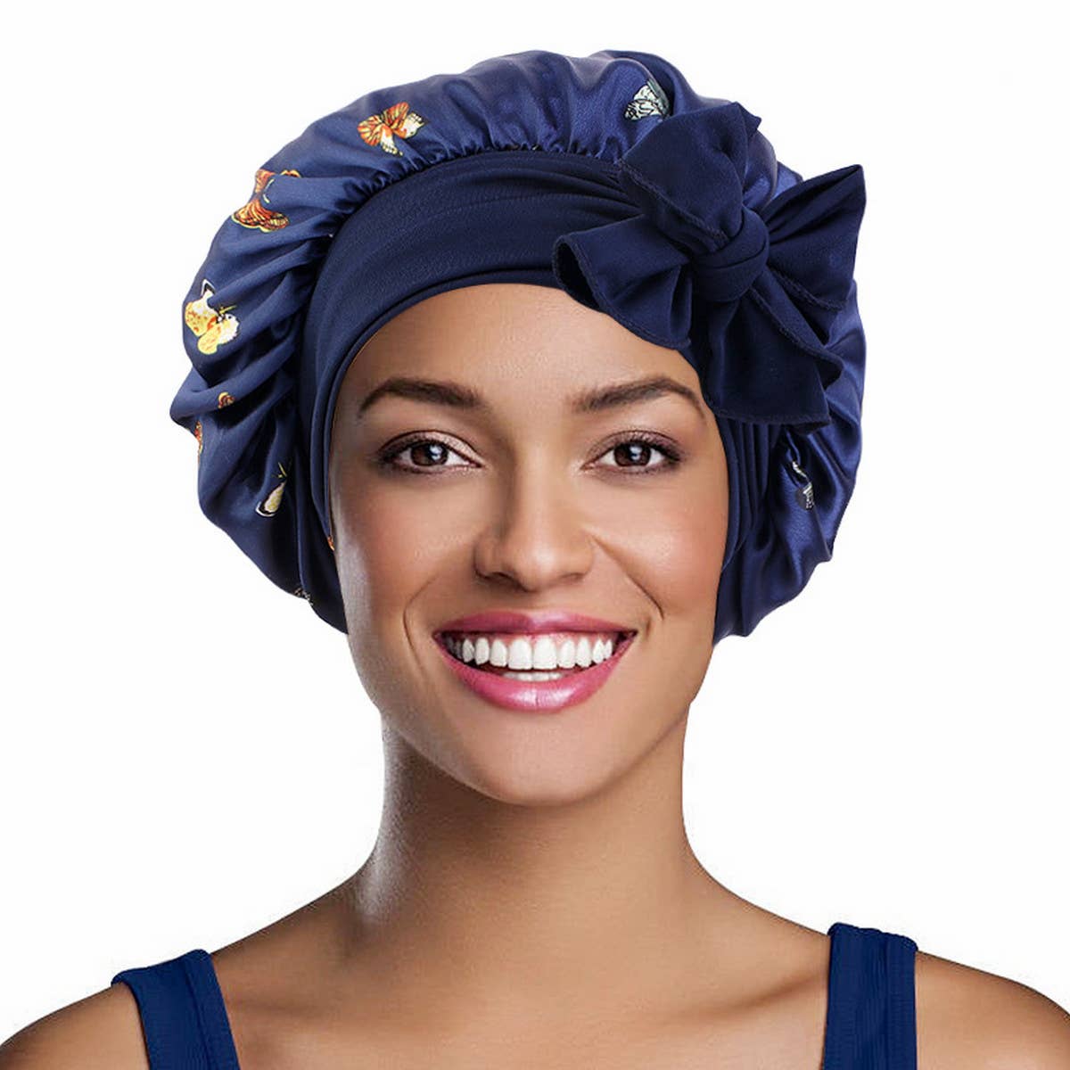 BUTTERFLY PRINT STRETCH NIGHTCAP WITH LONG RIBBON_CWAH1476
