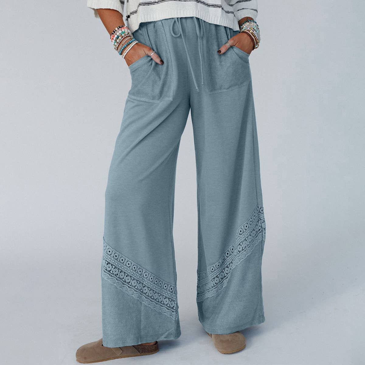 Solid High-Waisted Lace Crochet Wide-Leg Pants