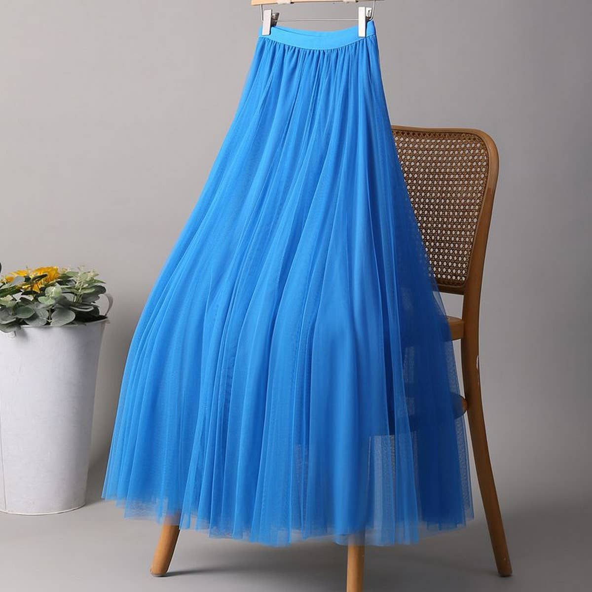 SOLID COLOR ELASTIC WAIST MESH TULLE A LINE SKIRT_CWBLS0372