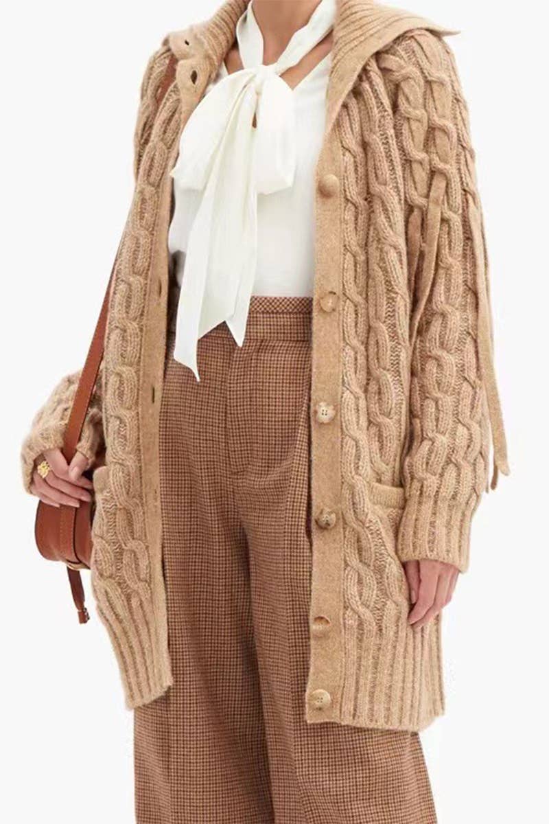 Solid Color Knitted Cardigan With Twist Pocket