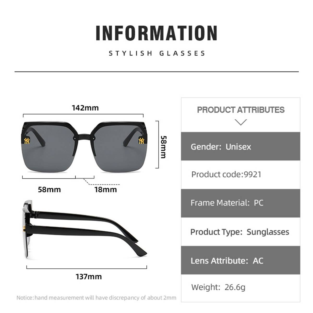 NY LOGO HALF FRAMELESS FASHION SUNGLASSES_CWASG0073