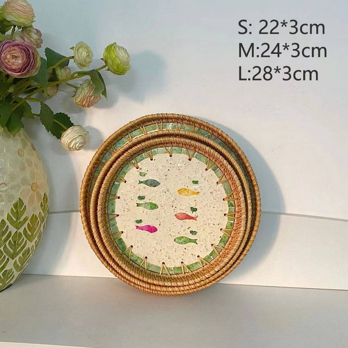 RATTAN COLORFUL SHELL FRUIT TRAY THREE PIECE SET_CWMM4428