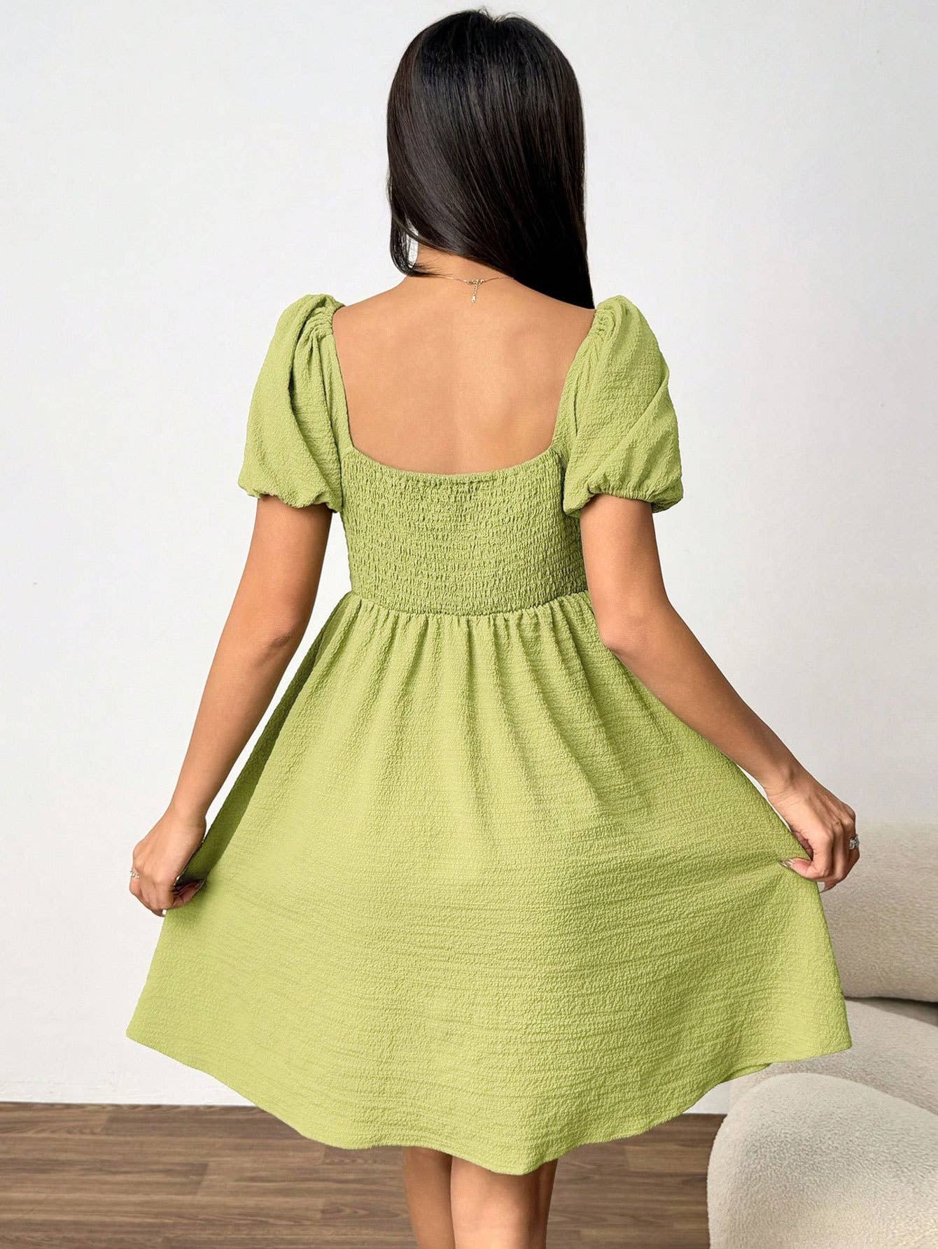 Square Collar And A Cinched Waist Short Dress