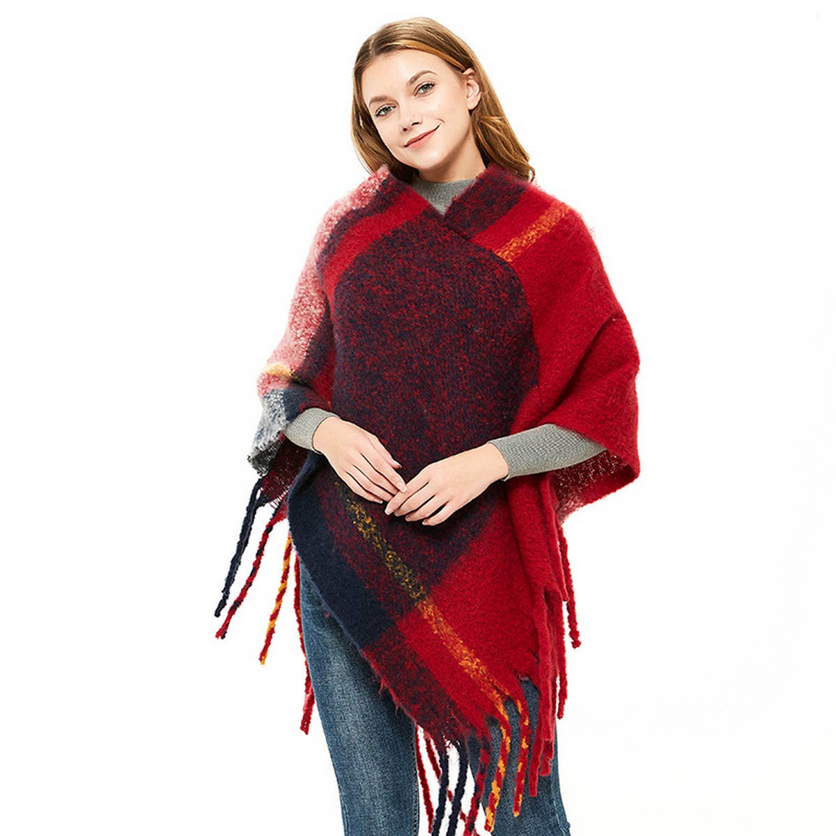THICK TASSEL COLOR MATCHING PULLOVER CAPE SHAWL_CWASC1206