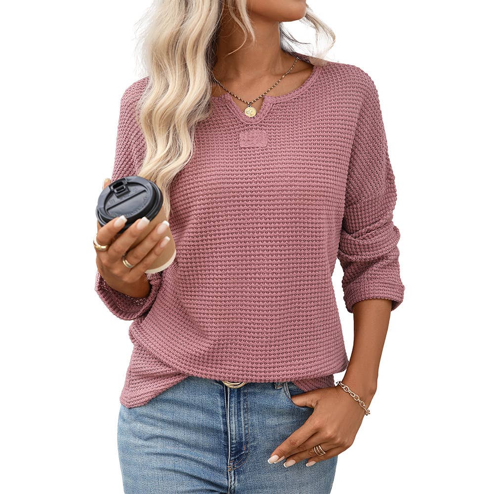 Waffle Round-Neck Solid-Color Knitted T-Shirt