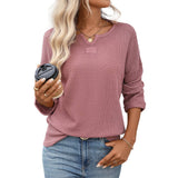 Waffle Round-Neck Solid-Color Knitted T-Shirt