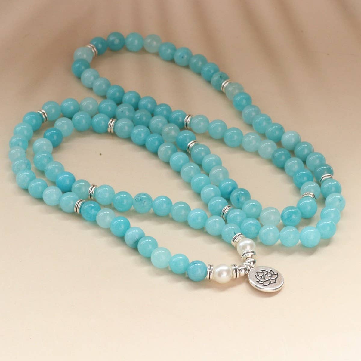 108 LOTUS PENDANT LIGHT BLUE BEADED BRACELET_CWAJE3946