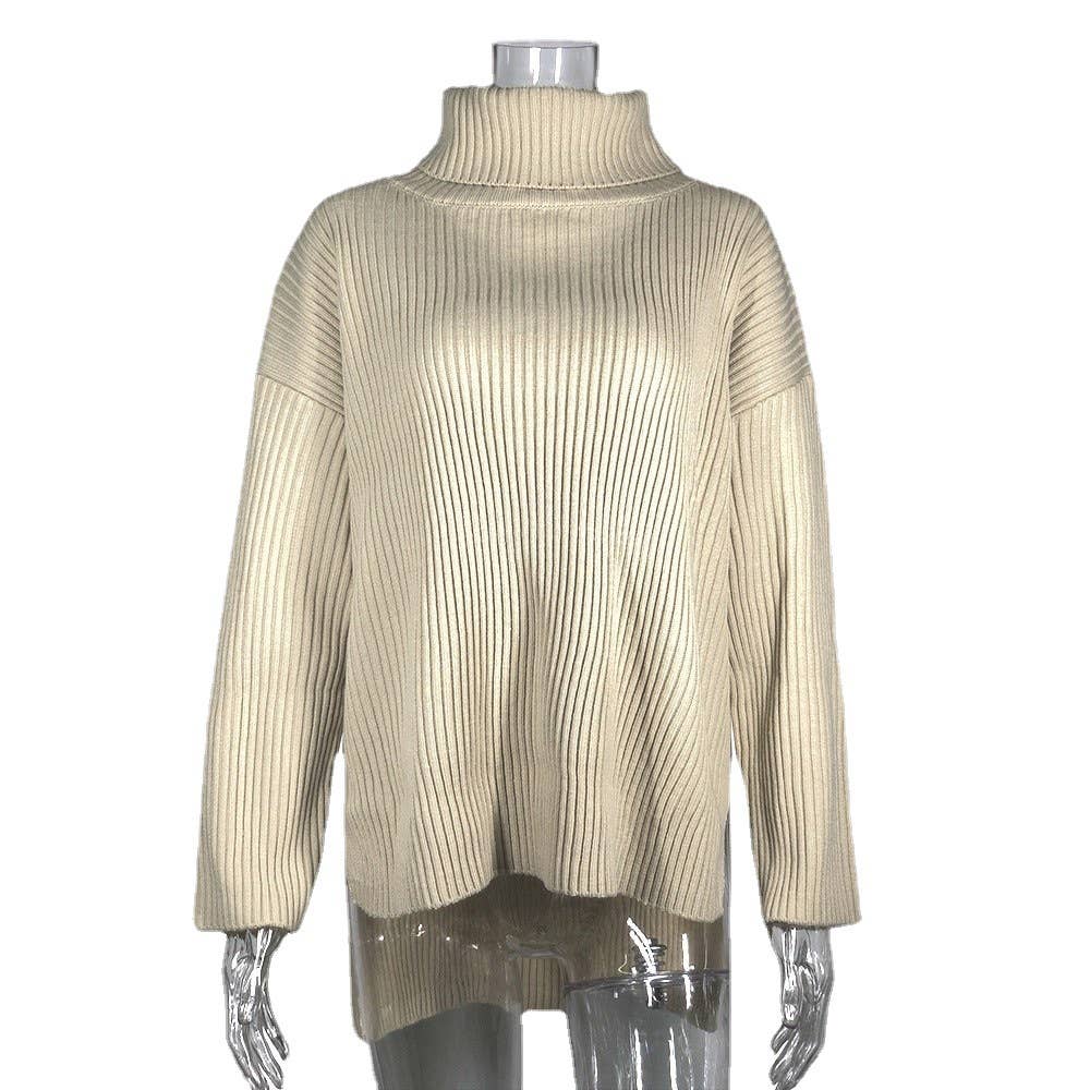Solid-Color High-Neck Loose Knitted Sweater