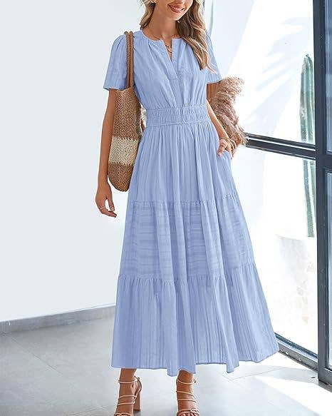 V-Neck Pleated Puffy Sleeve Short Sleeved Dress
