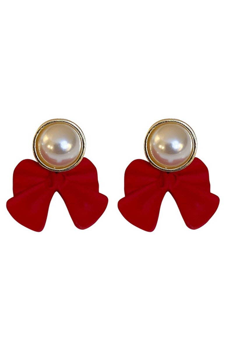 SILVER NEEDLE WINE RED BOW PEARL EARRINGS_CWAJE179