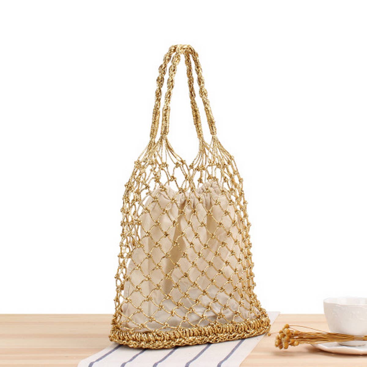 GOLD AND SILVER THREAD HANDMADE CROCHET BAG_CWAB2097