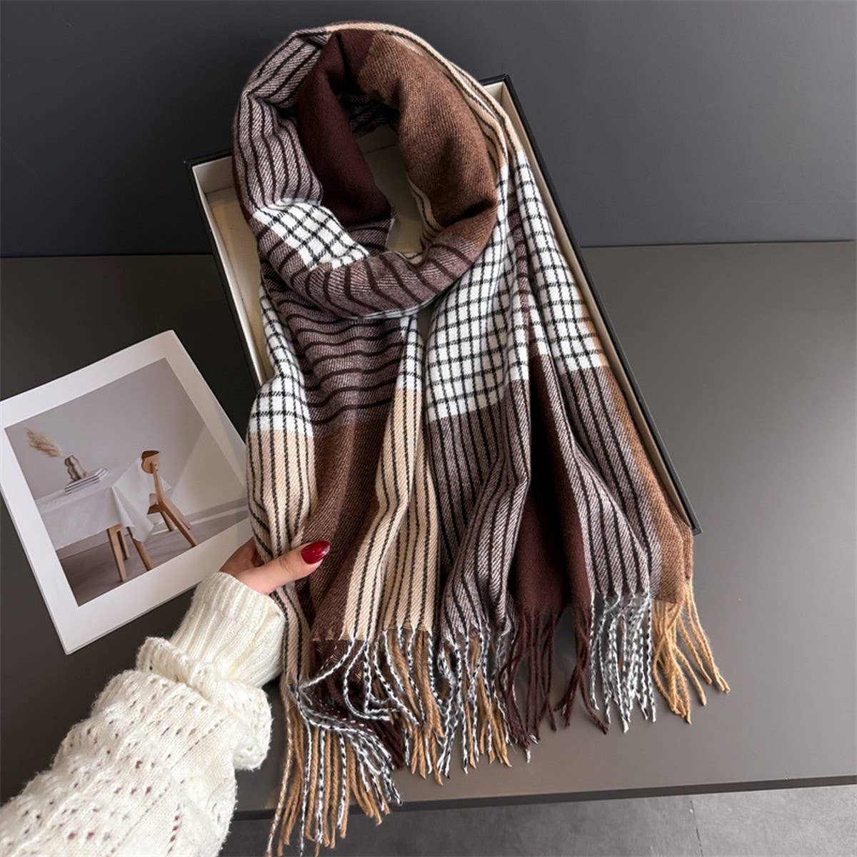 Colorblock Plaid Tassel Scarf Wrap For Winter_Cwasc03275