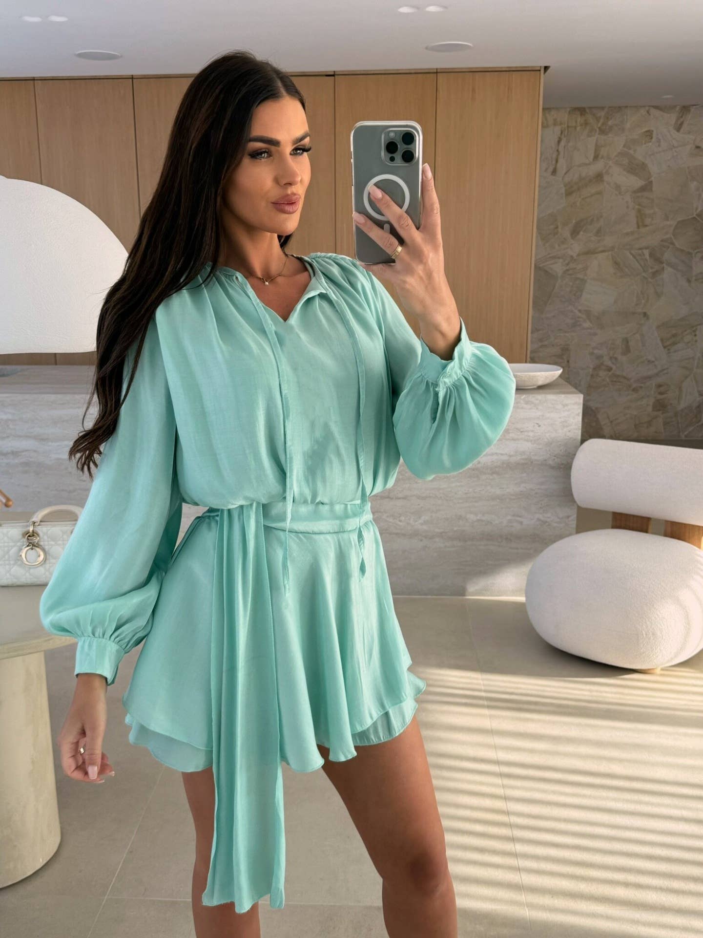 Solid-Color Long-Sleeved V-Neck Lace-Up Dress