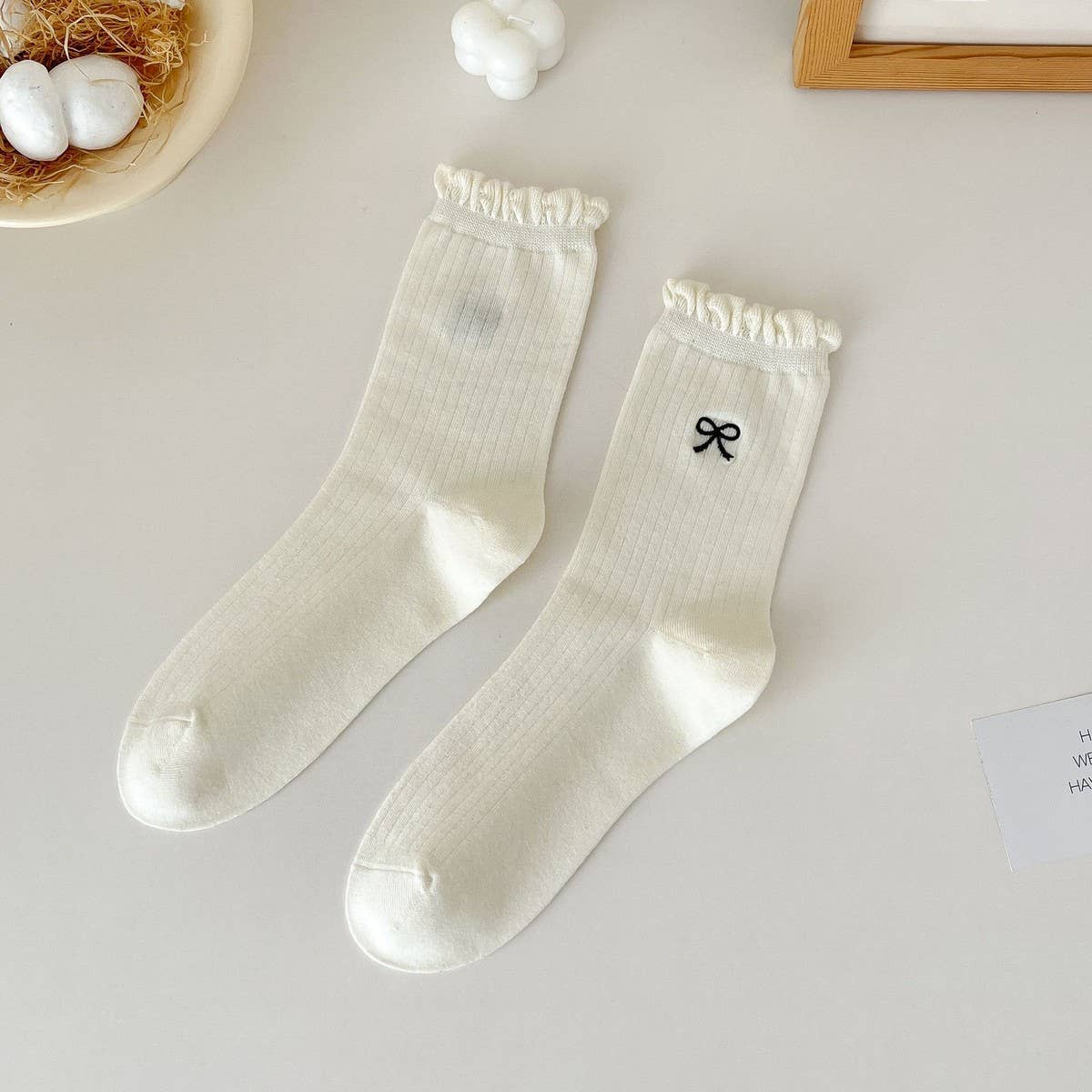 Cute Dots, Stripes,Bow Ruffle White Crew Socks_Cwms1367