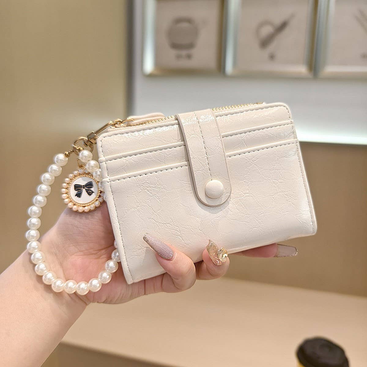 Unique Vintage Pearl 2-Fold Wallet With Zipper_Cwab06249