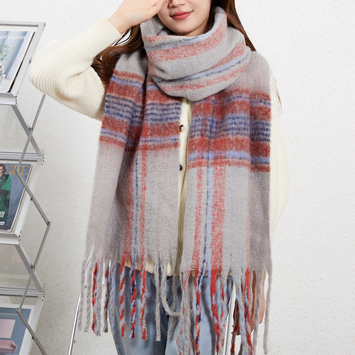 KOREAN STRIPED BRUSHED WINTER SCARF FOR WOMEN_CWASC2697