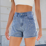 Washed Design With Beaded Slimming Denim Shorts
