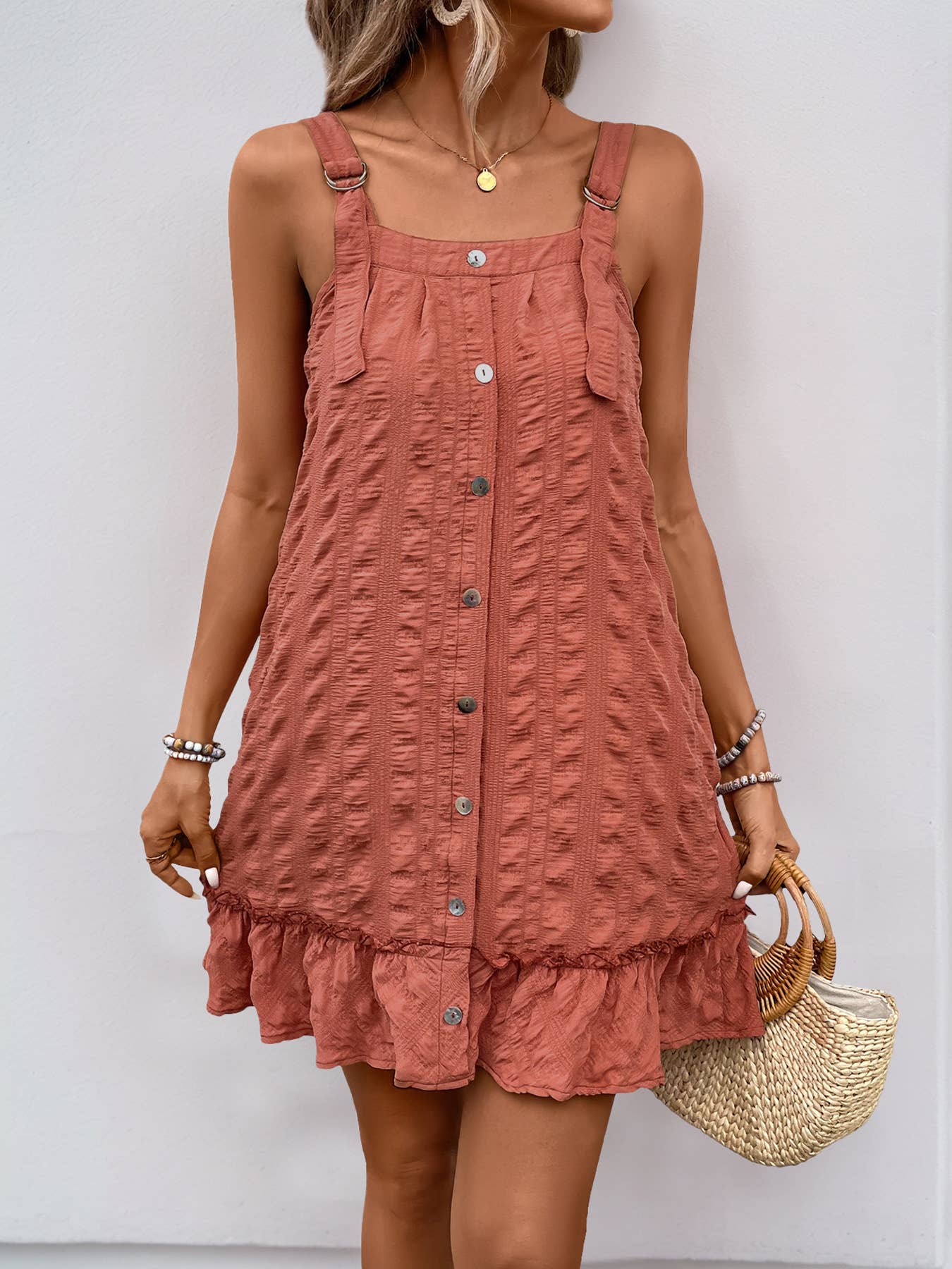 Solid Color Texture Pleated Ruffled Short Dress