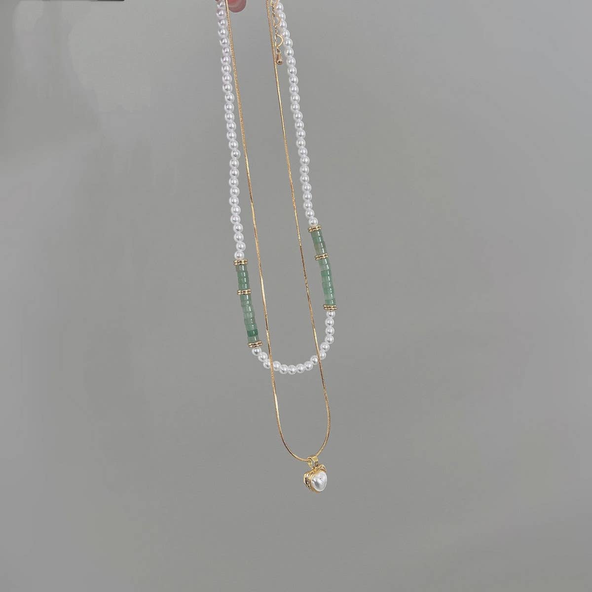 DOUBLE LAYER NATURAL STONE PEARL LOVE NECKLACE_CWAJE1263