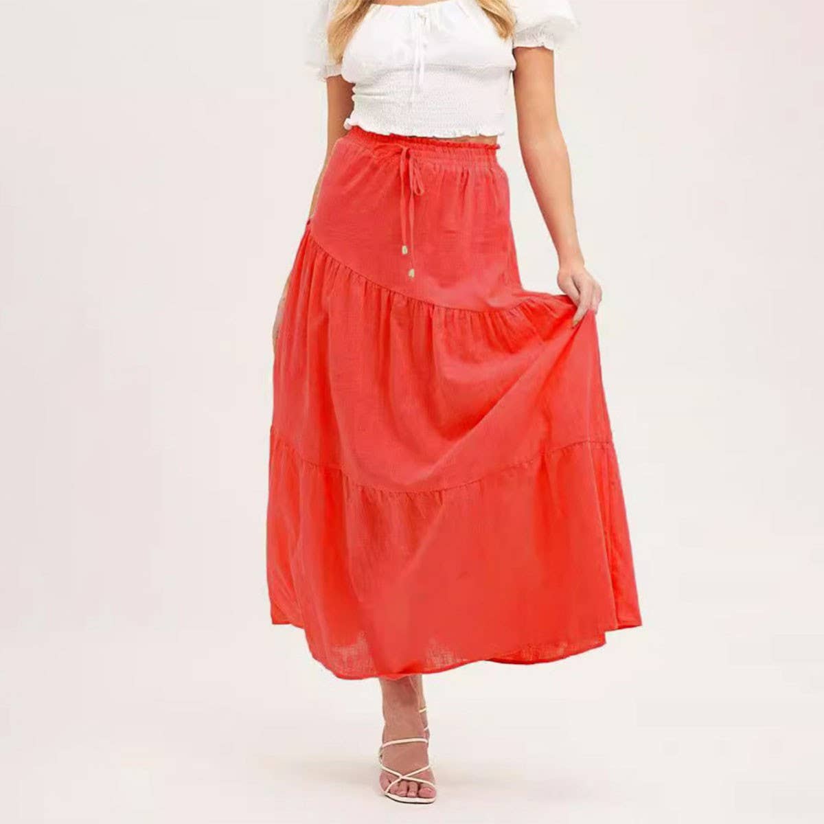 COTTON AND LINEN MAXI SKIRT WITH PLEATED HEM_CWBSS0381