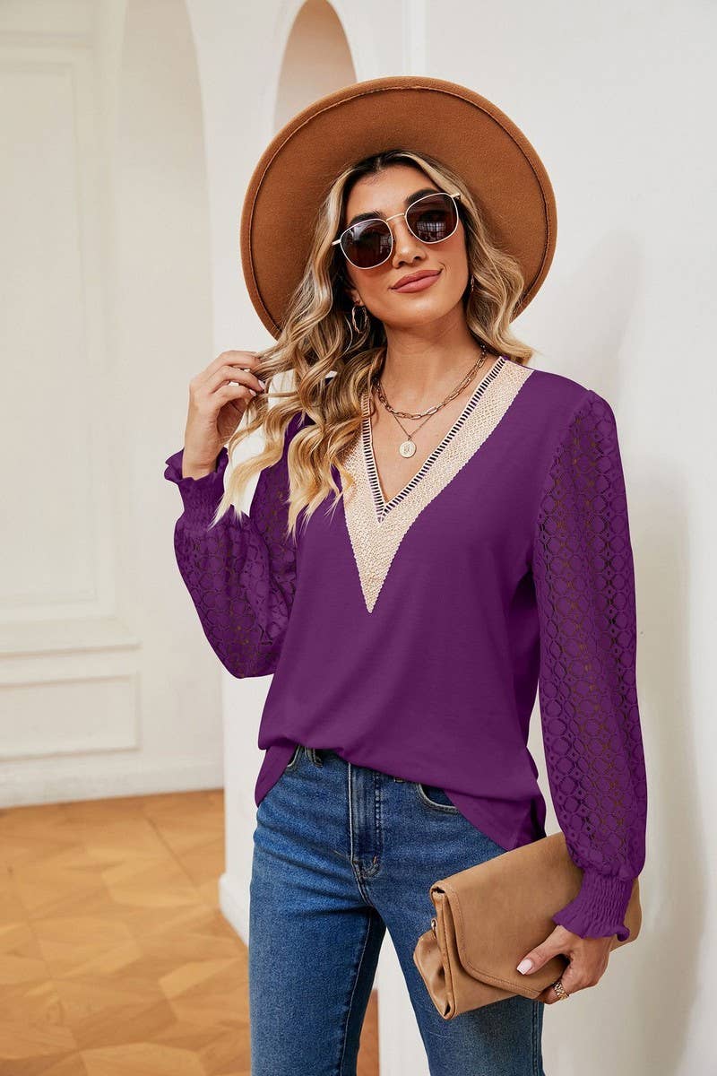Cwtbll2401_V-Neck Lace Stitching Long-Sleeved Casual Top