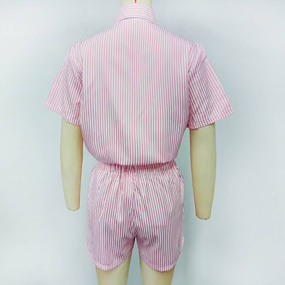 Striped Short Sleeve Top And Shorts Two-Piece Set