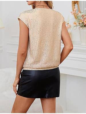 Womens Sequin V-Neck Fitted Raglan Sleeve Top