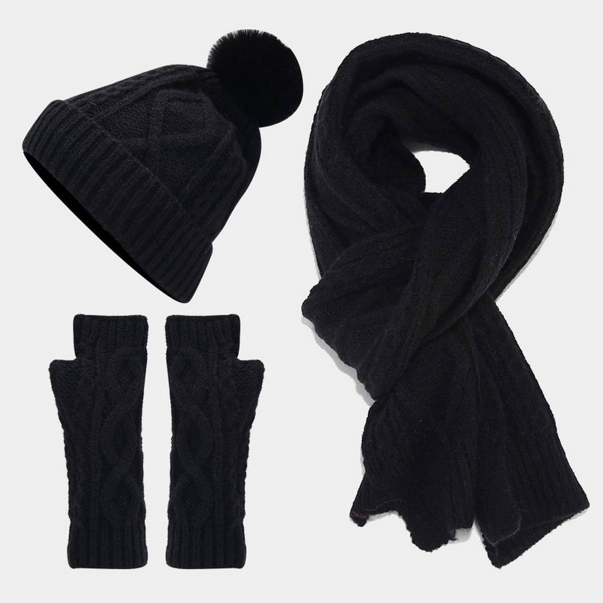 CABLE KNIT HAT SCARF AND GLOVES THREE PIECE SET_CWAH1580