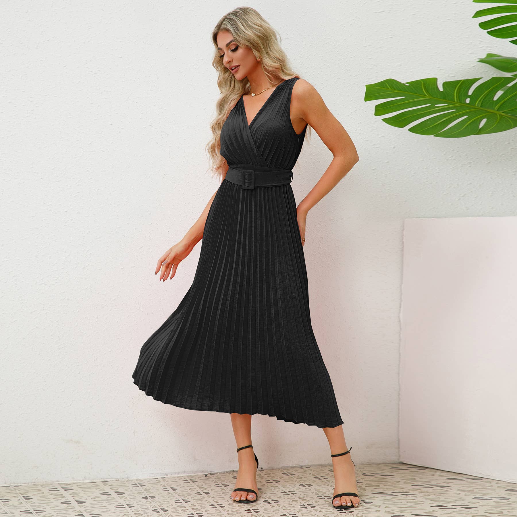 V-Neck Pleated Belted Bodycon Midi Dress