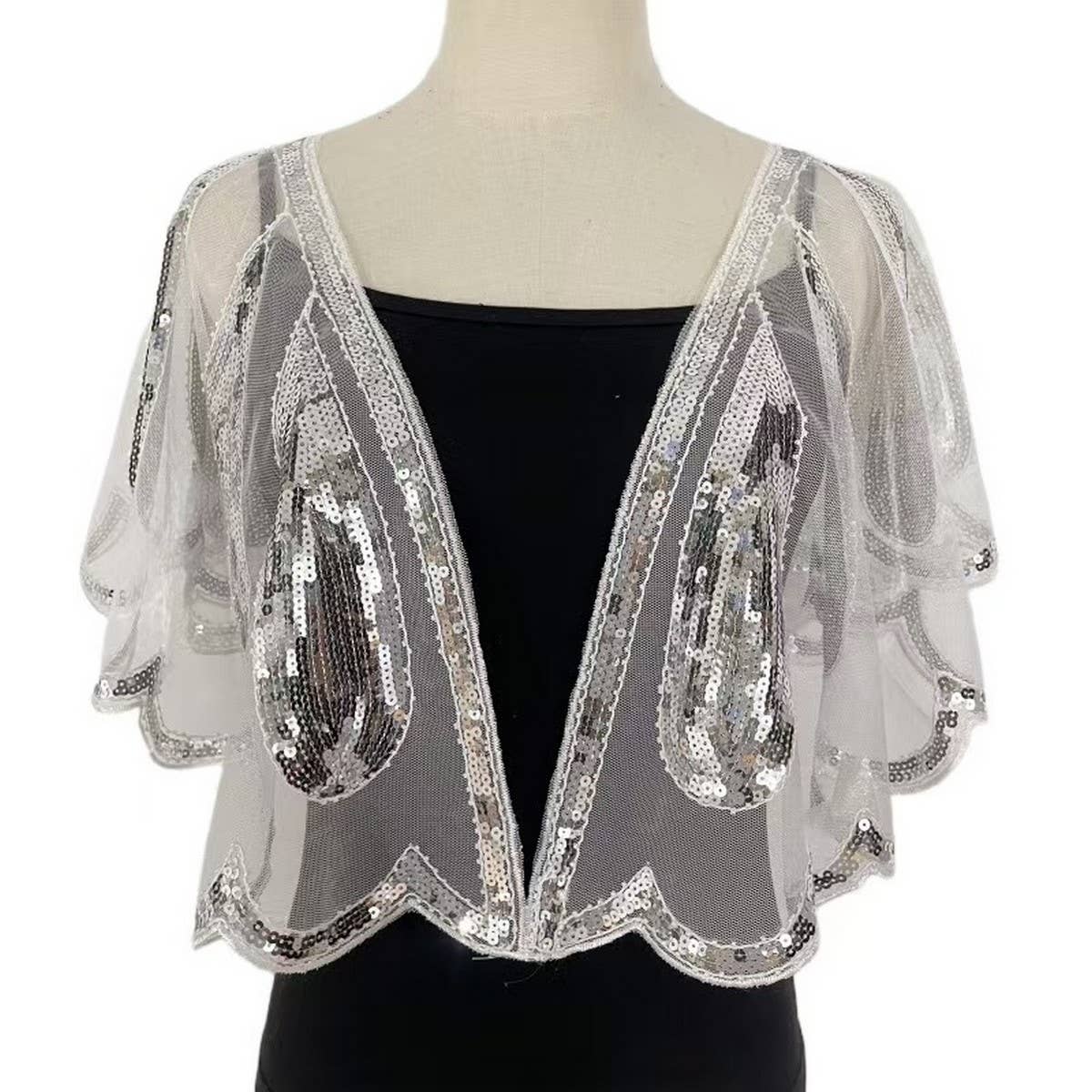 BEADED SEQUIN CAPELET VINTAGE EVENING SHAWL_CWMM8962