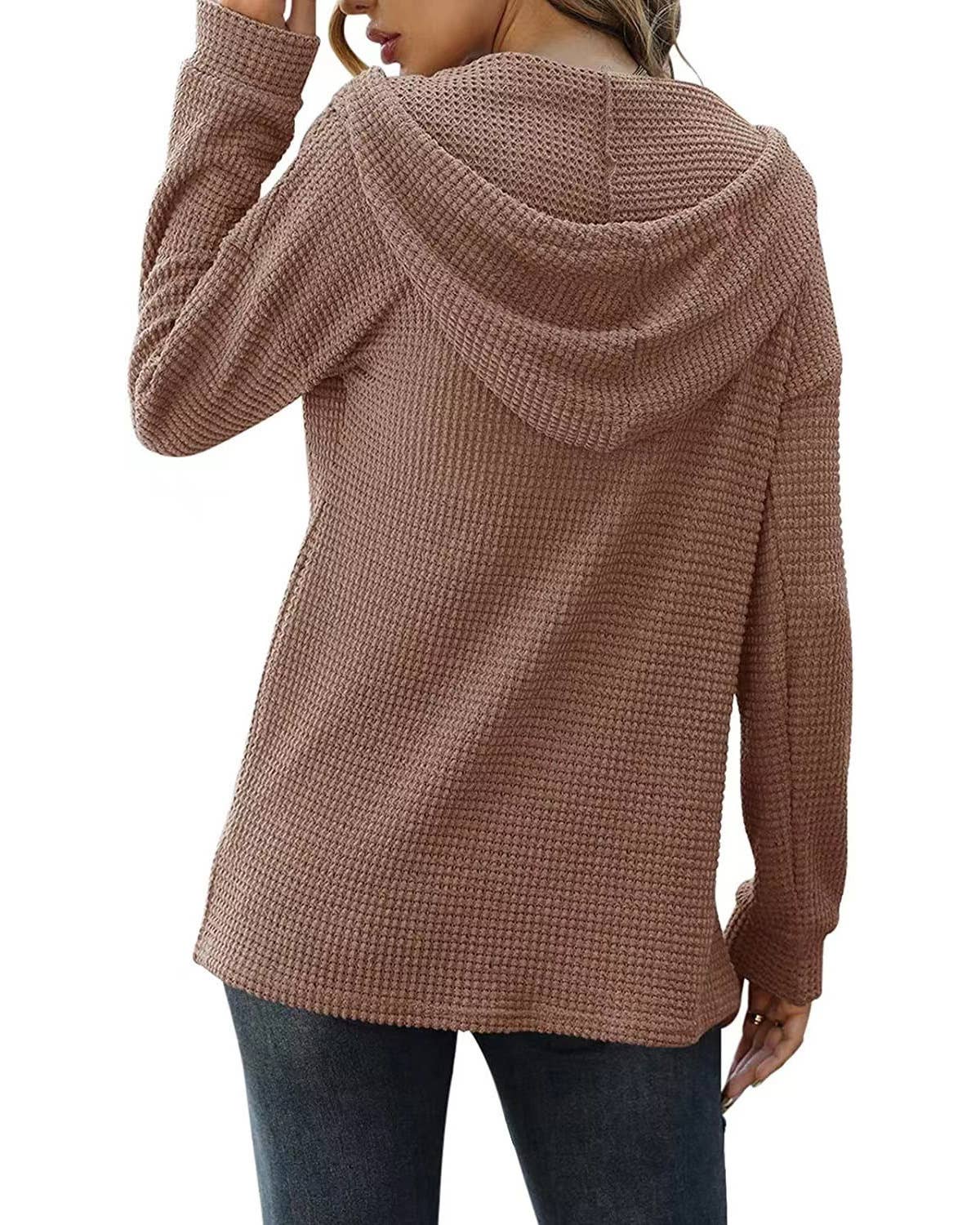 Waffle Solid Color Baggy Hooded Button Knit