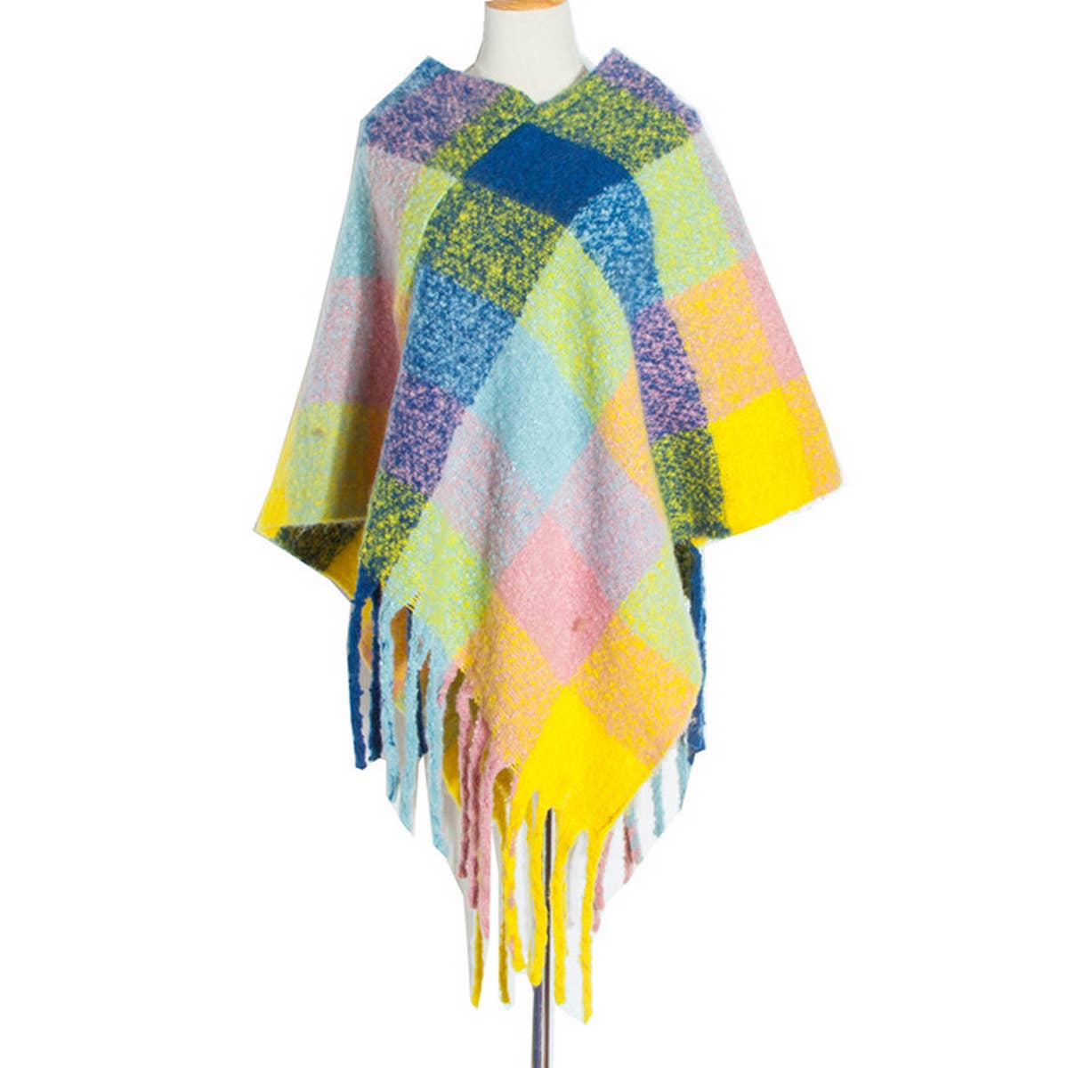 BOUCLE YARN THICK TASSEL COLORFUL PLAID SHAWL_CWASC1208