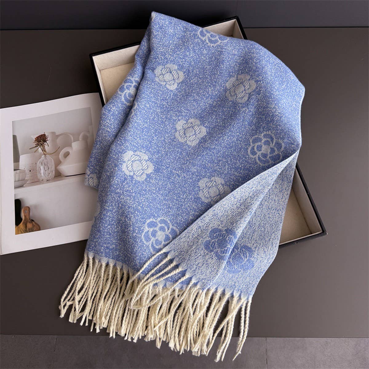 Elegant Camellia Cashmere Feel Tassel Scarf Wrap_Cwasc03244