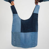 SPLICED WASHE LARGE CAPACITY DENIM BAG SHOPPING BAG_CWAB1934