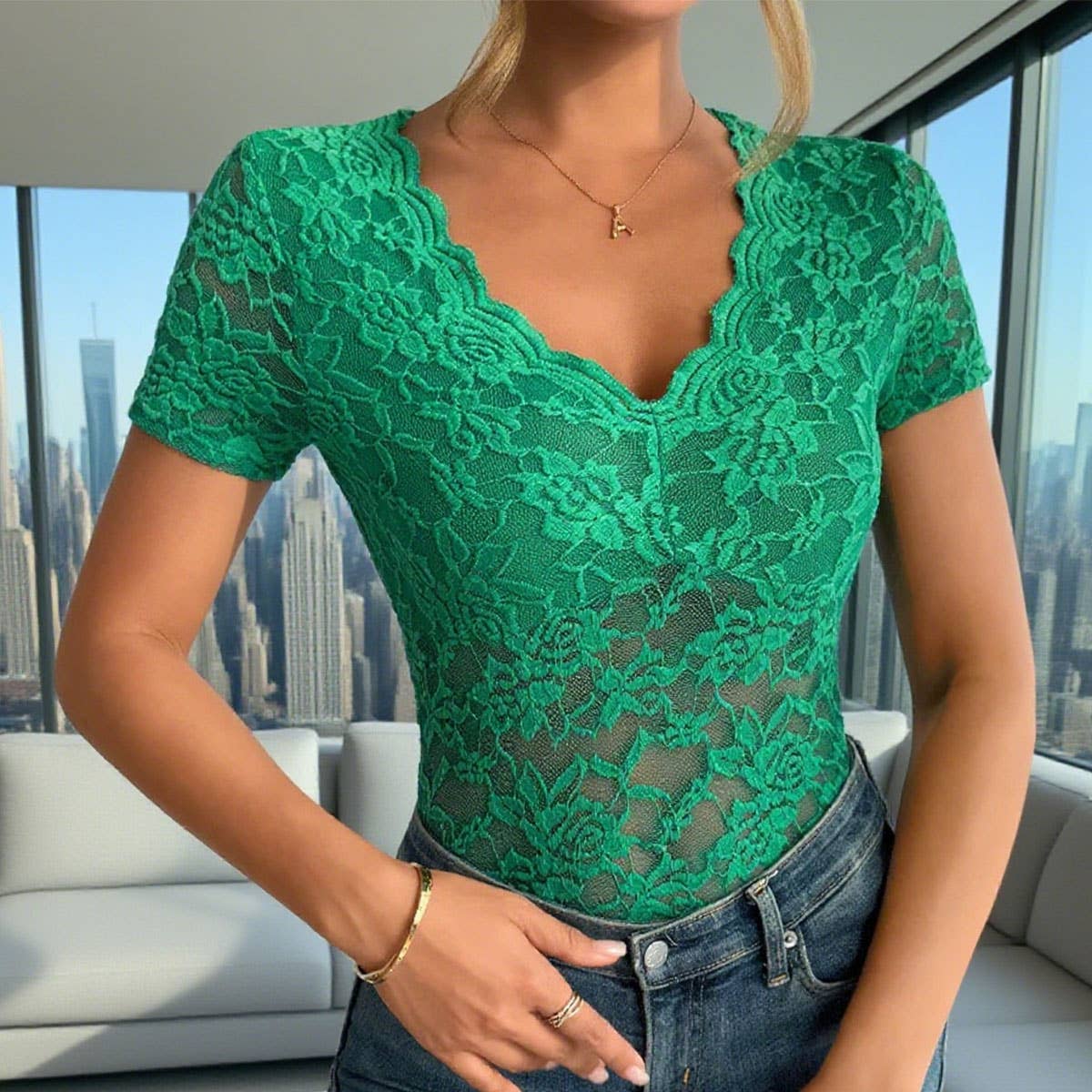 Solid-Color Lace V-Neck Short Sleeve Lace T-Shirt