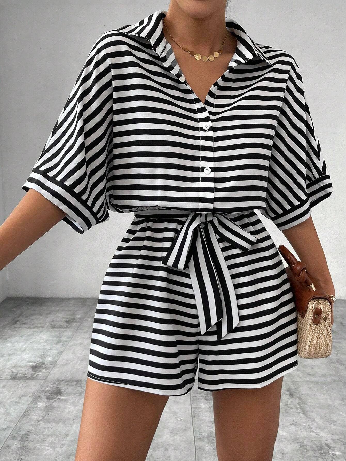 Striped Lapel Belted Shorts Short Sleeved Onesie