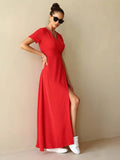 V-Neck Lace-Up Slim Polka Dot Casual Long Dress