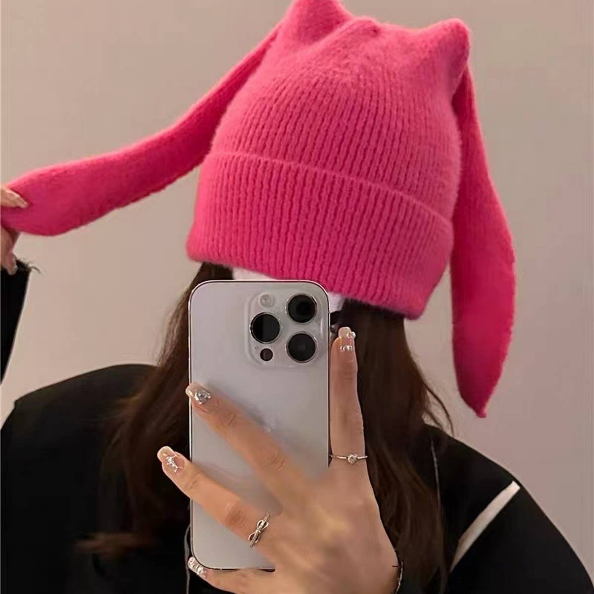 Cwah2212_Solid Color Long Ear Rabbit Knitted Wool Hat
