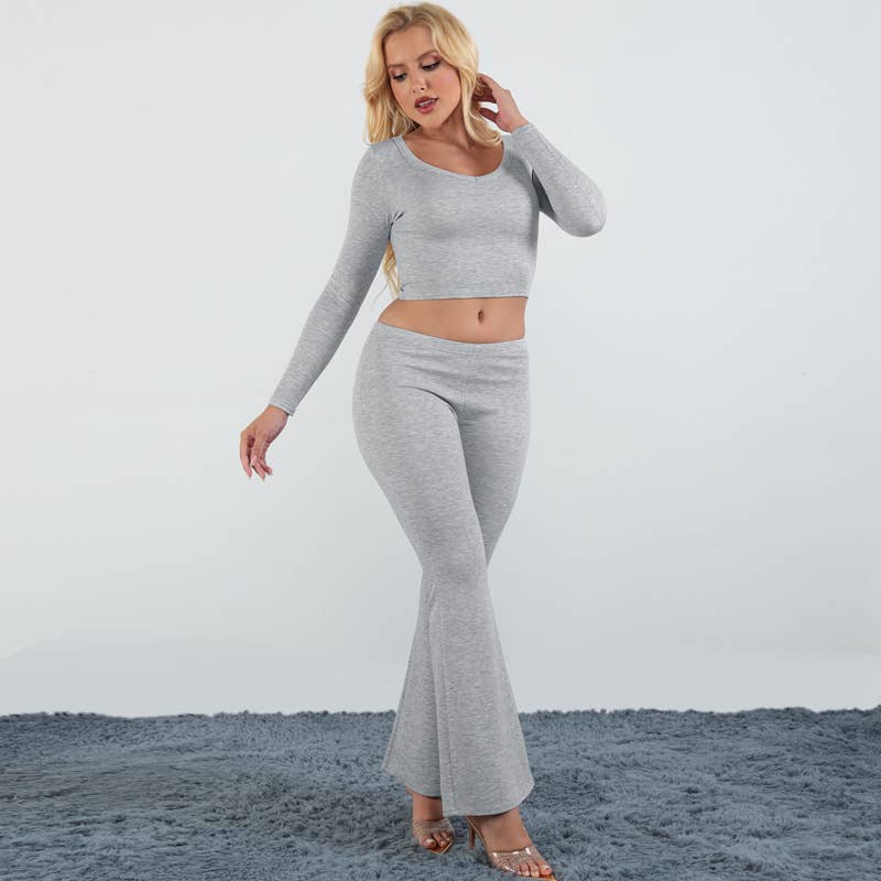 Solid-Color Long-Sleeved Flared Trousers Set