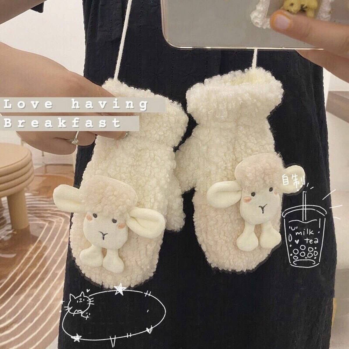 CARTOON LAMB WOOL WINTER WARM HALTER GLOVES_CWAG0185