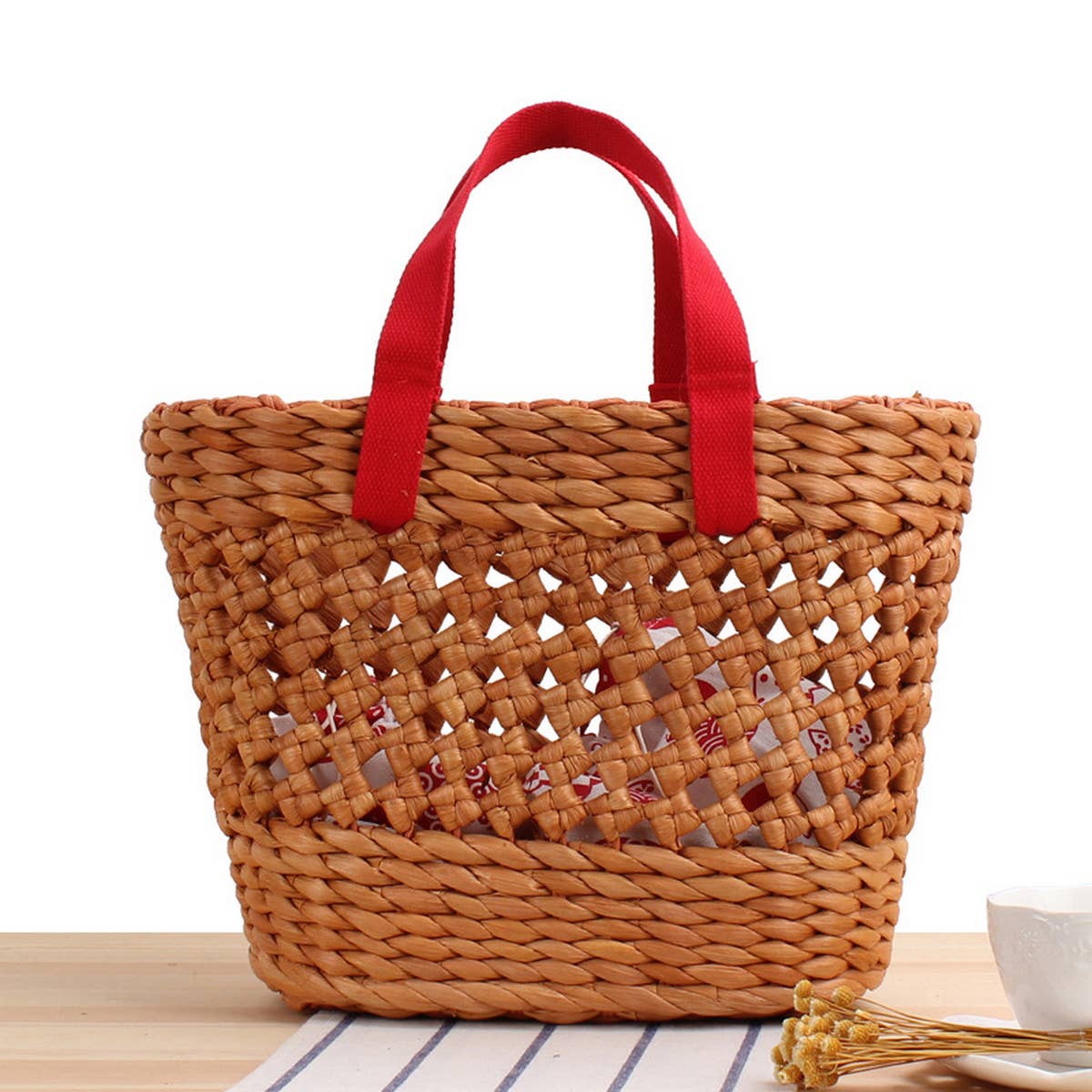Hollow Solid Color Large Woven Bag_Cwab2115