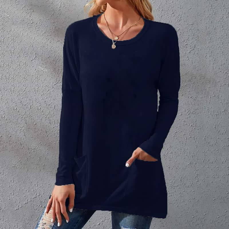 Solid-Color Loose Round-Neck Pocket T-Shirt