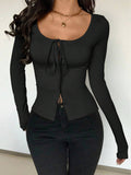 Solid-Color Long-Sleeved Lace-Up Fitted Top