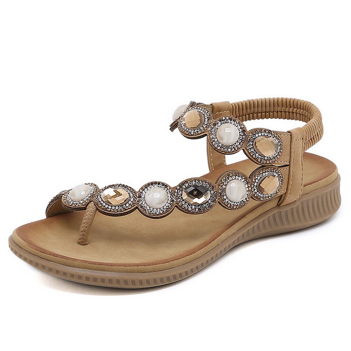 Women Bohemia Bling Rhinestone Pearl Flat Sandals